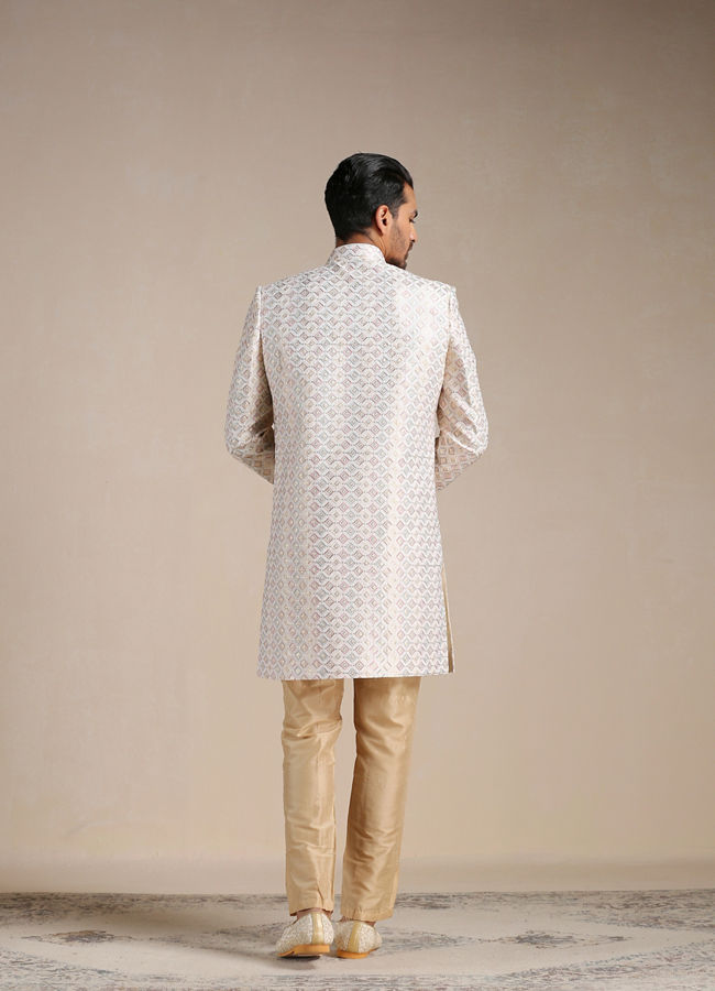 Cream Geometric Patterned Achkan Style Sherwani Set image number 2